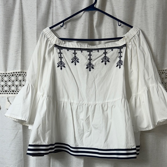 a.n.a Tops - a.n.a White Off-Shoulder Embroidered Peasant Top with Navy Trim
